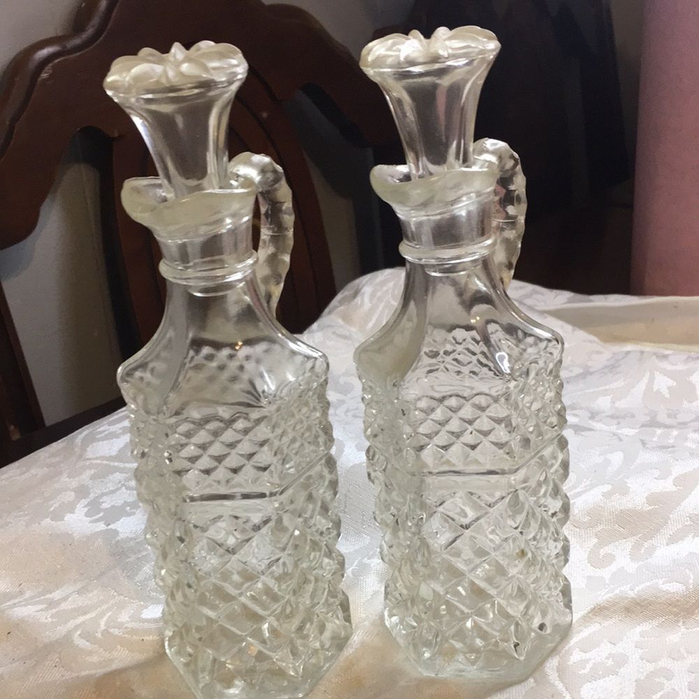 Vintage Cut Glass Cruet Bottles - Pair (Clear)